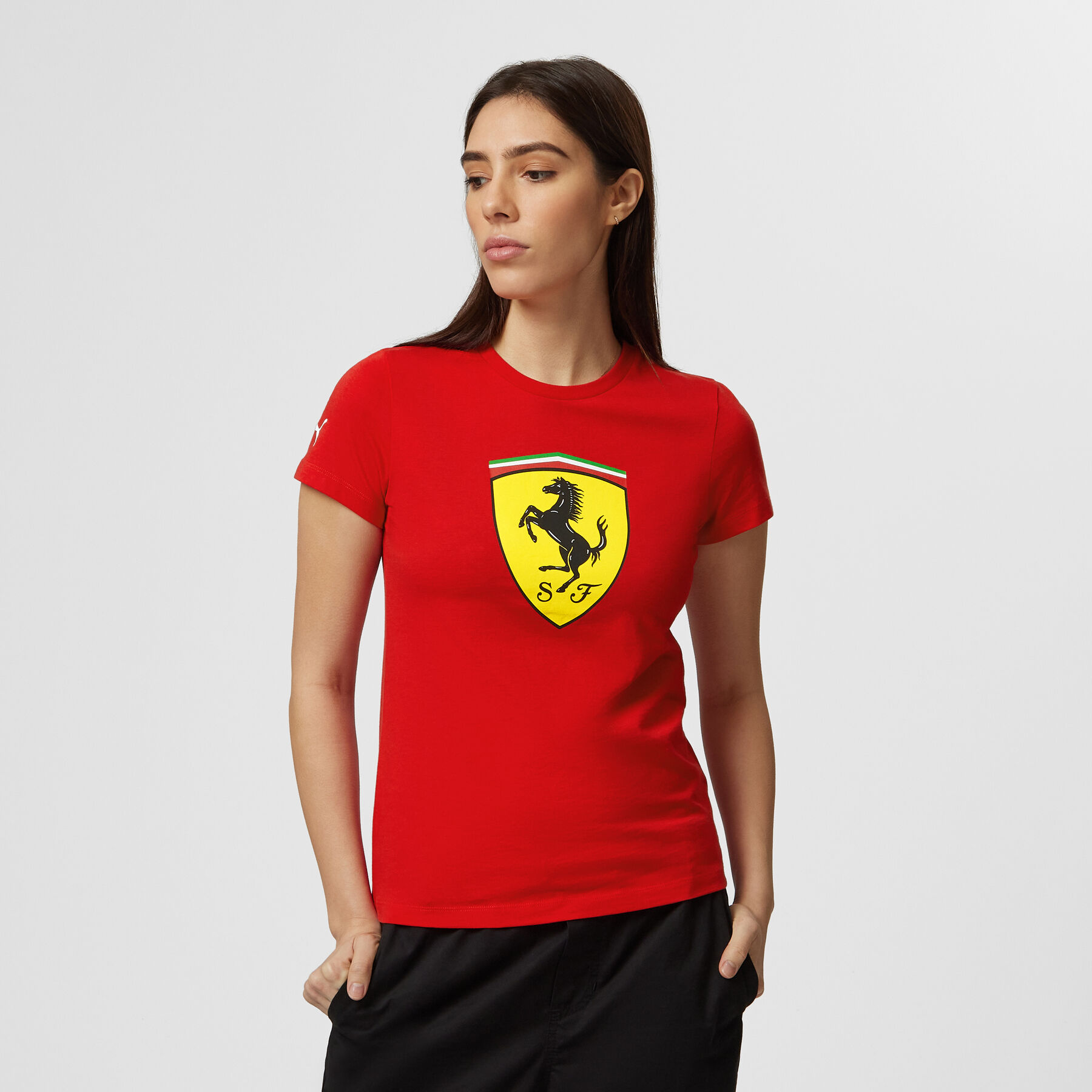 Scuderia Ferrari Women s Puma Large Shield Logo T Shirt Red Black