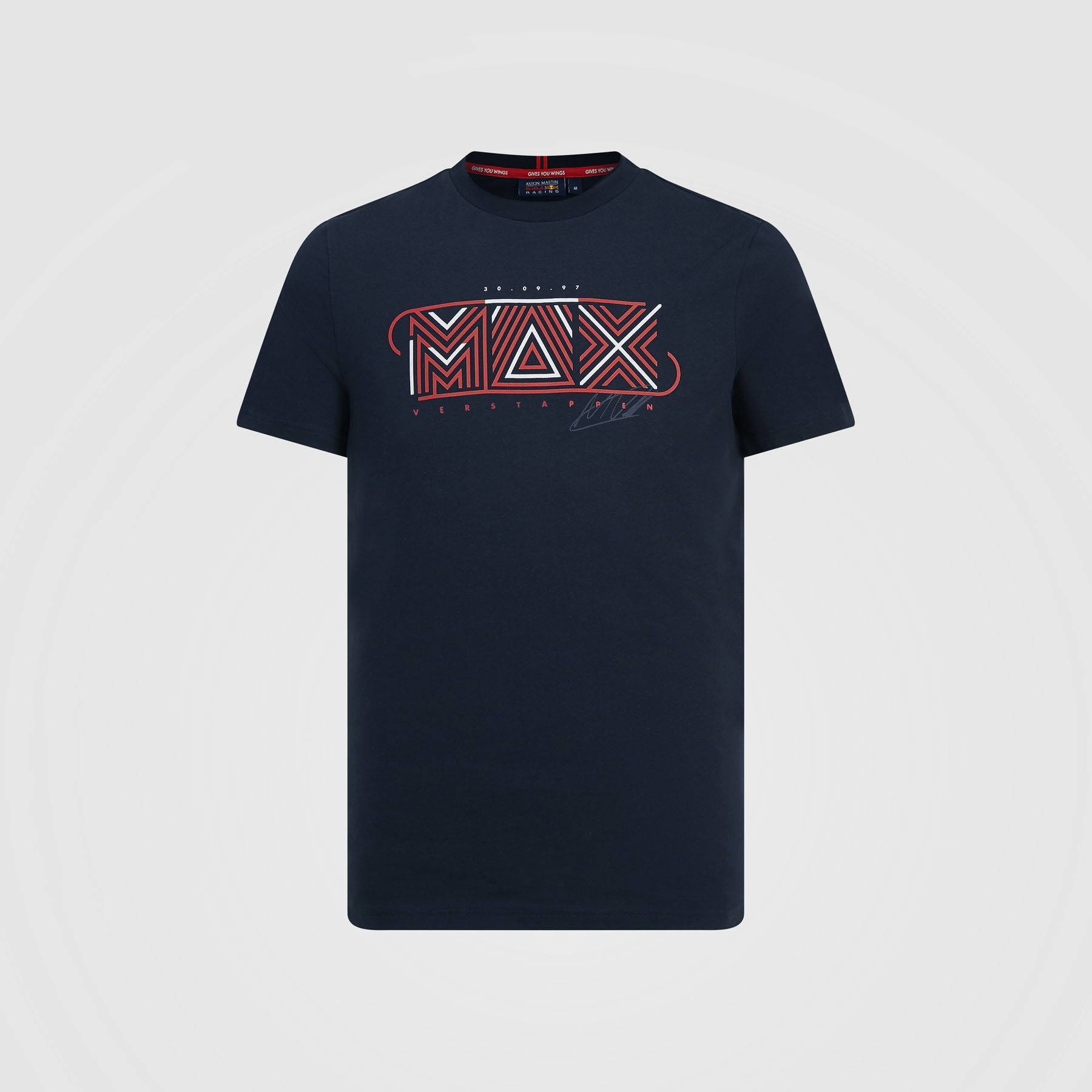 navy blue and red graphic tees