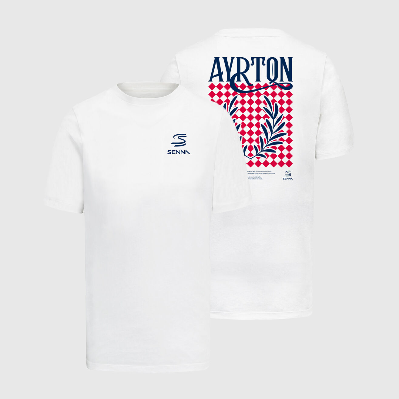 T-Shirt Uomo Ayrton Senna – Bianca, Cotone Organico, Stampa Grafica Posteriore E Loghi