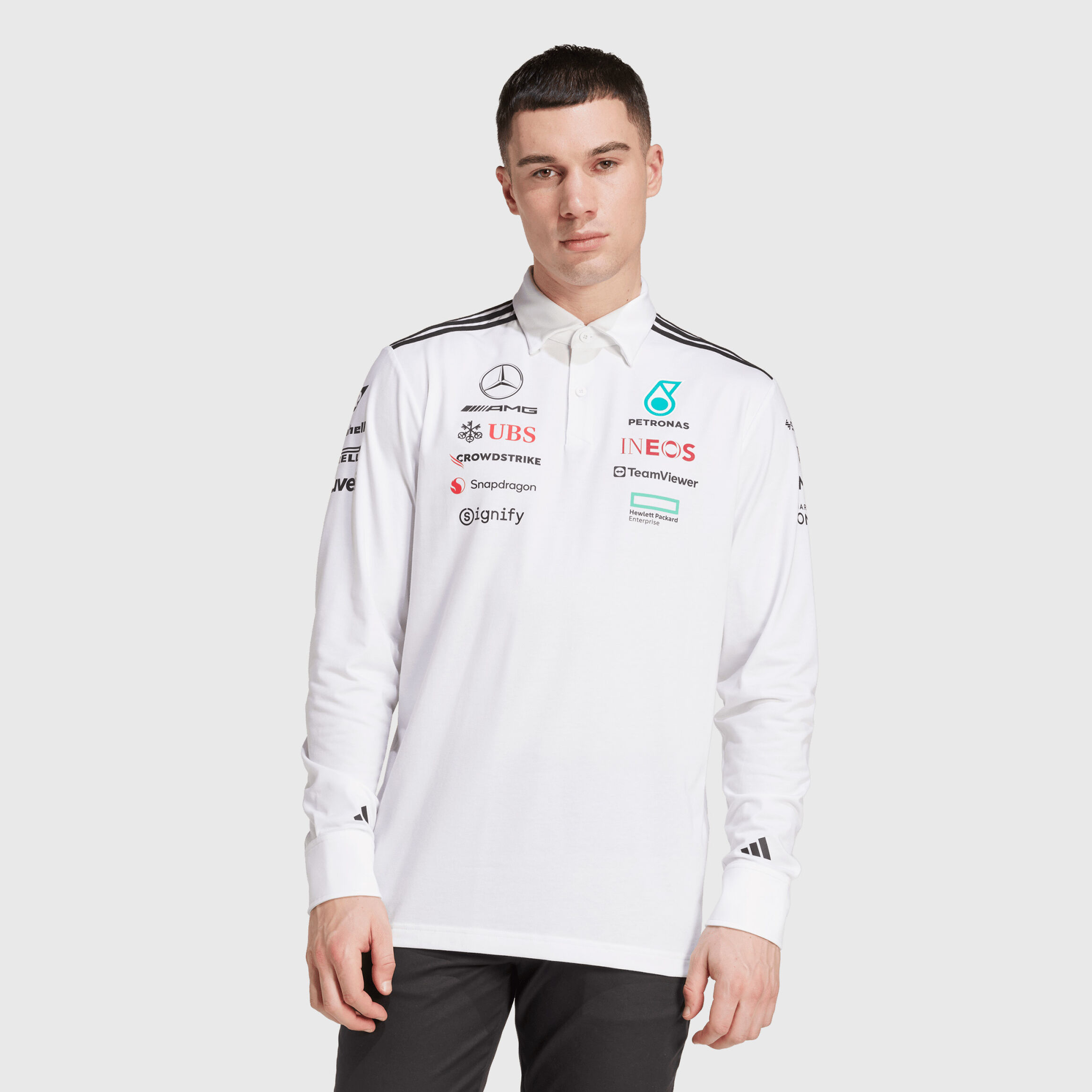 Adidas 2025 Long Sleeve Team Polo Mercedes AMG F1 Fuel For Fans Adidas 2025 Long Sleeve Team Polo Mercedes AMG F1 Fuel For Fans