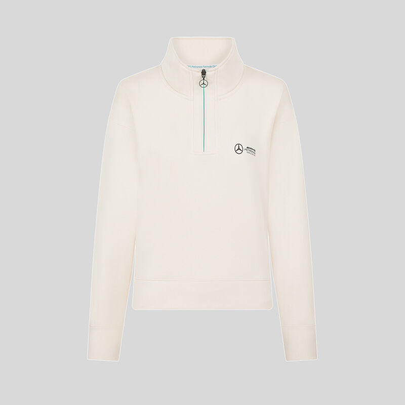 Women's Relaxed Fit 1/4 Zip Sweater 2024 - Mercedes-AMG F1 - Off white XL for females - 8719203407074 - Fuel For Fans F1 Merchandise store